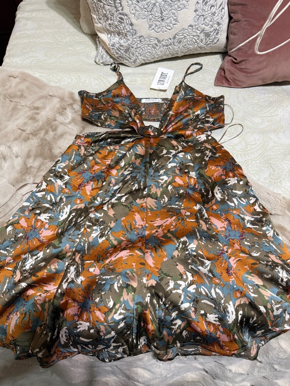 12th Tribe Olive Multi Floral Satin Tie-Waist Mini Dress